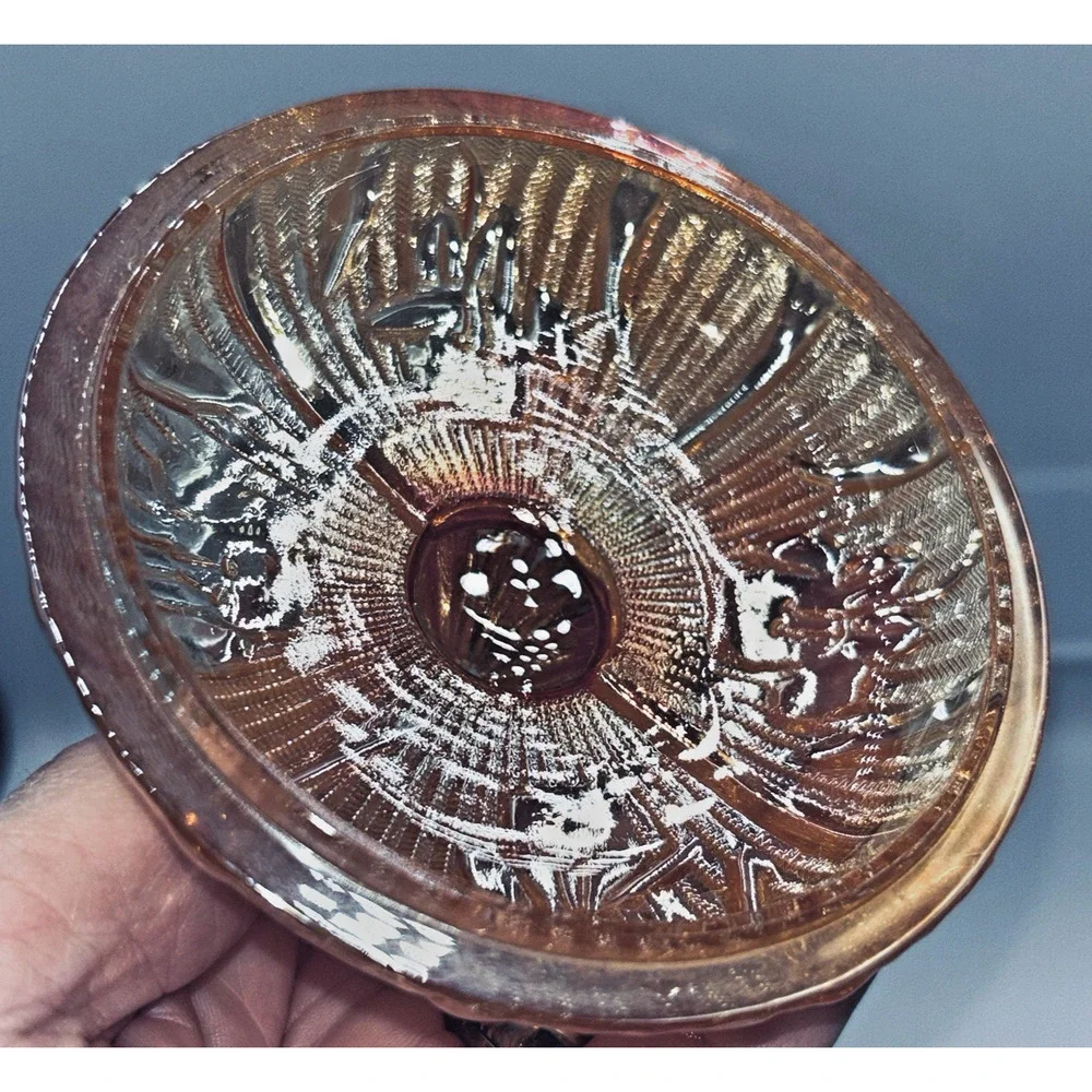 Jeanette Glass IRIS & HERRINGBONE Marigold Iridescent Footed Sugar Bowl Lid EUC